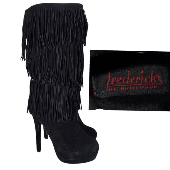 Frederick's of Hollywood Shoes - Fredericks of Hollywood Suede Fringe Boots Size 7.5 Knee High Stiletto Black